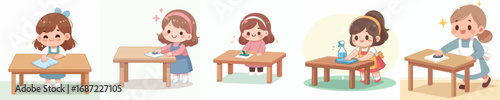 vector of a little girl wiping a dirty table