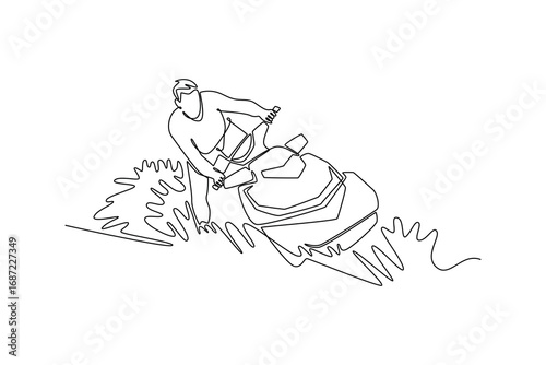 Continuous one line drawing young sportsman riding into turn on a jet ski. Representing excitement, leisure, and adventure of the aquatic lifestyle. Single line draw design vector graphic illustration