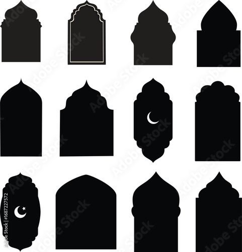 Collection of decorative Islamic architectural arch silhouettes with crescent moon motifs