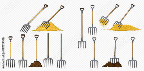 Various illustrations of pitchforks, some standing alone, others shown with piles of hay and soil, depicting agricultural and gardening tasks.