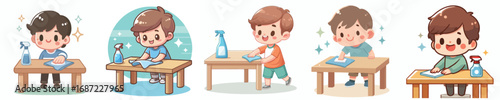 vector of a little boy wiping a dirty table