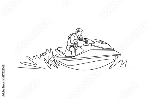 Single continuous line drawing aggressive sportsman riding a jet ski on the water, symbolizing speed, freedom, and the thrill of a water sport. Dynamic one line draw graphic design vector illustration
