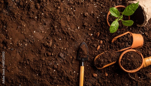 Potted plants and gardening tools on rich soil