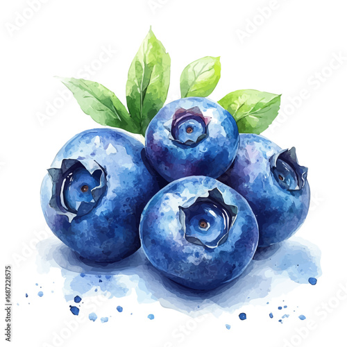 Blueberry, watercolor painting vector, isolated on a white background.