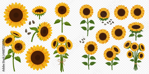 A vibrant collection of cartoon sunflowers, including individual blooms, tied bouquets, and scattered seeds, presented as isolated graphic elements.