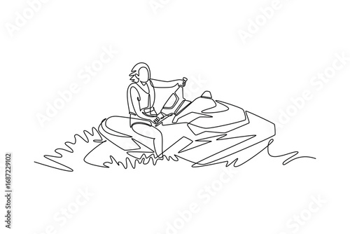 Single continuous line drawing woman riding jet ski or personal watercraft. Representing excitement, leisure, and adventure of the aquatic lifestyle. One line draw graphic design vector illustration
