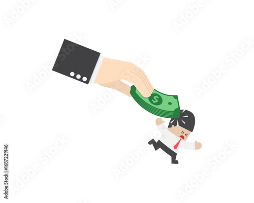 Vector illustration of a powerful hand using a dollar bill to crush a small businessman, symbolizing financial pressure and corporate oppression