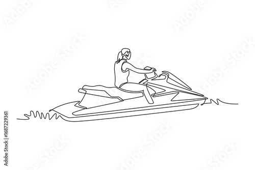 Single continuous line drawing back view of female athlete riding a jet ski on the water, symbolizing speed, freedom, and the thrill of a water sport. One line draw graphic design vector illustration