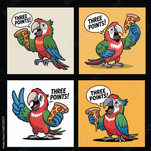 Parrot holding pizza slice with speech bubble macaw