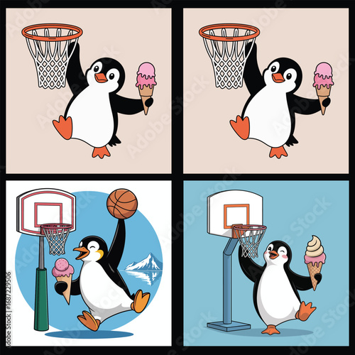 Penguin playing basketball with ice cream cone hoop