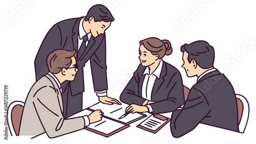 Diverse team of professionals collaborating and discussing ideas around a table in a meeting