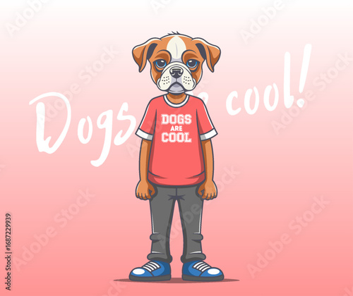 Vector cute sad cartoon teenage doggy in red t-shirt, gray pants and blue sneakers. Standing toon dog. Dogs are cool.