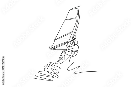 Single continuous line drawing back view of male athlete windsurfing on a wave. Athletic skill, freedom, and the energetic power of the wind and ocean. One line draw graphic design vector illustration
