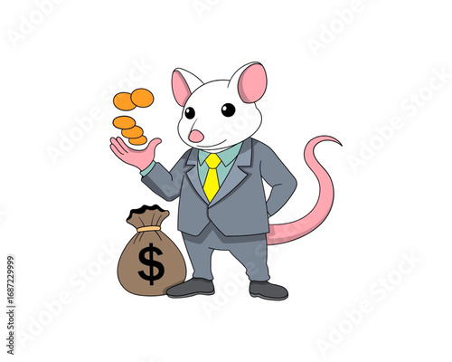 An anthropomorphic cartoon business mouse character in a suit holding gold coins next to a money bag, a concept for wealth and success