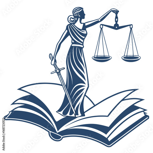 Lady justice standing on open book holding scales and sword symbolizing law and knowledge