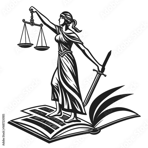 Lady justice stands on an open book holding scales and sword representing law and order