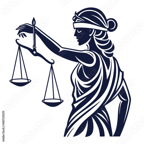 Stylized silhouette of lady justice holding scales of justice symbolizing law and fairness