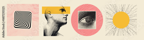 Profile of a male face. Emphasis on the eyes. Digital vision. Sun. Solar emission. Cover design template. Vector for brochure, poster, cover, card, presentation, flyer or banner.