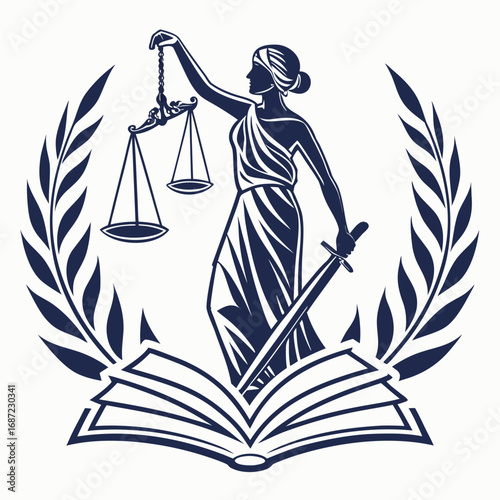 Symbol of justice lady justice holding scales and sword standing on an open book with laurel wreath
