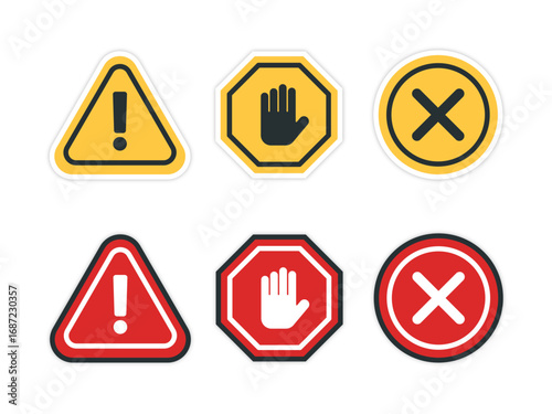 Flat Design Warning Error Stop Icon Set Collection with Exclamation Mark Hand Sign and Cross Symbol in Yellow and Red Colors for Caution Safety Alert Danger Notification Graphic Design