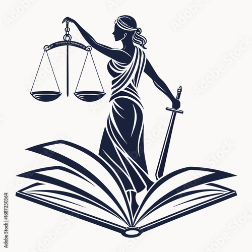 Symbol of justice lady of justice holding scales and sword standing on open book representing law and knowledge
