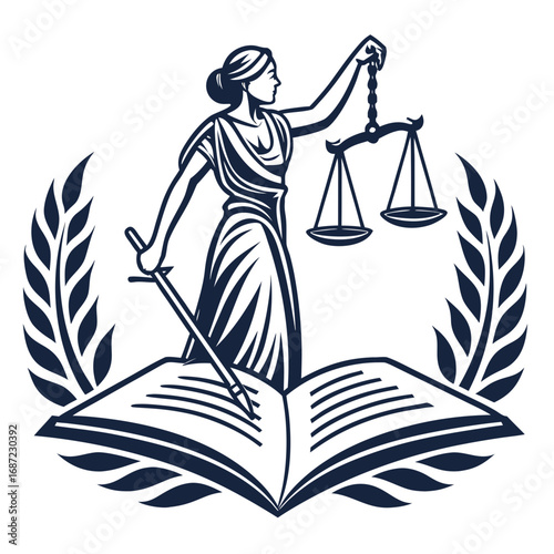 Symbol of justice lady justice with scales and sword standing on open book surrounded by laurel wreath