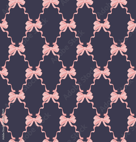 Pink, lilac coquette ribbon bow trellis checkered seamless pattern Damask Print. Rhombus Background