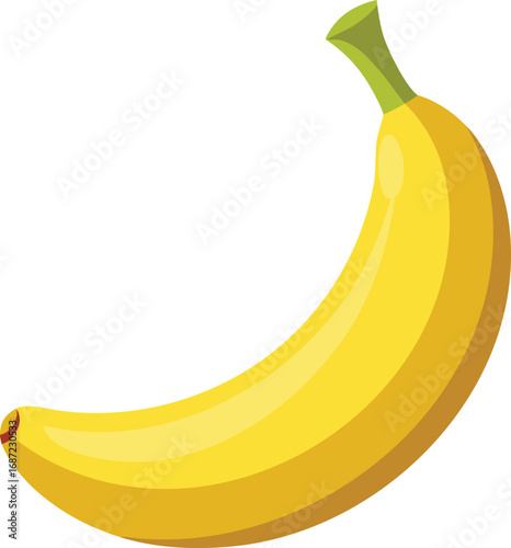 Single ripe yellow banana with green stem isolated on a white background