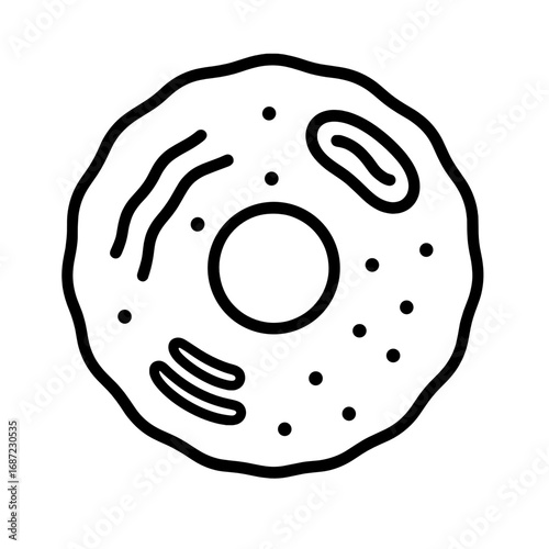 Black line icon of biological cell structure with nucleus and organelles