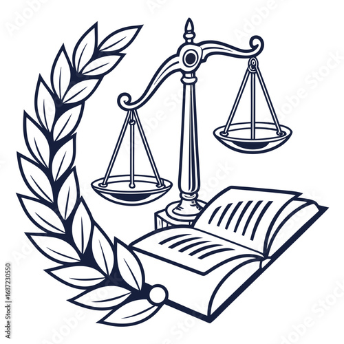 Symbolic illustration of justice scales open law book and laurel wreath representing legal wisdom and fairness