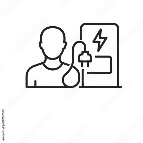 Black line icon of electric charging station worker with plug and power symbol
