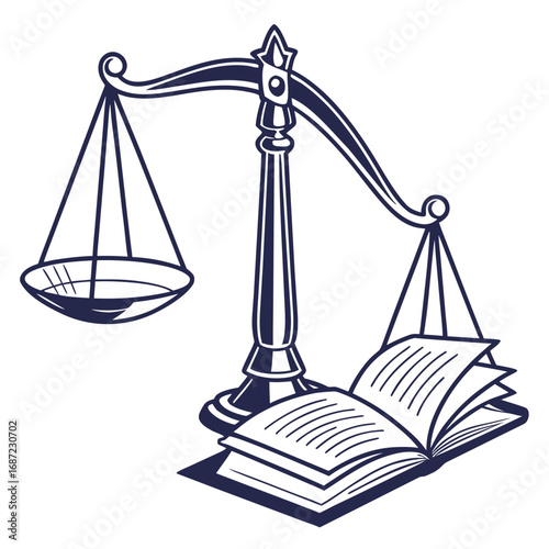 Symbolic illustration of the scales of justice balanced with an open book representing legal knowledge and wisdom