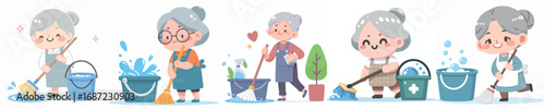 vector of a grandmother mopping