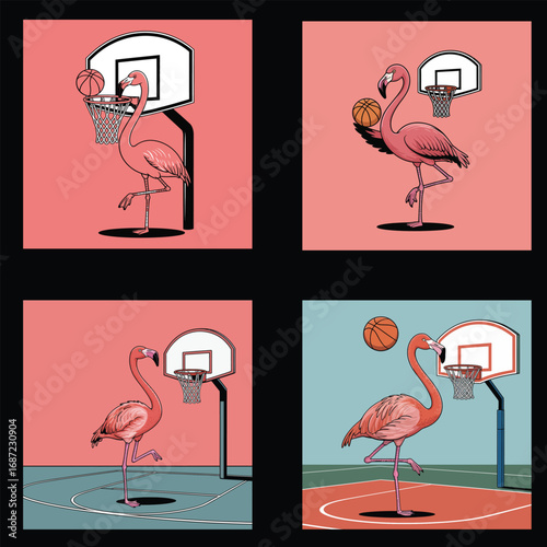 Pink flamingo playing basketball hoop court