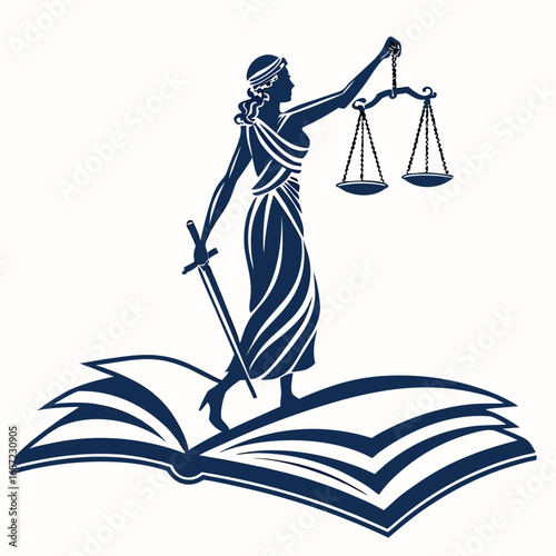 The lady of justice standing on an open book holding scales and sword symbolizing law and knowledge
