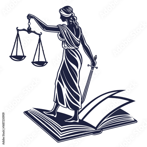 The majestic silhouette of lady justice stands on an open book holding scales and sword