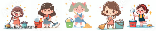 vector of a little girl mopping