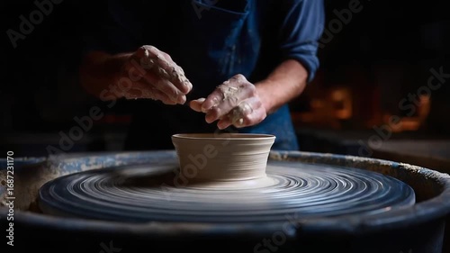 A potter shapes clay on a spinning pottery wheel, hands coated in wet clay as they craft a ceramic bowl.