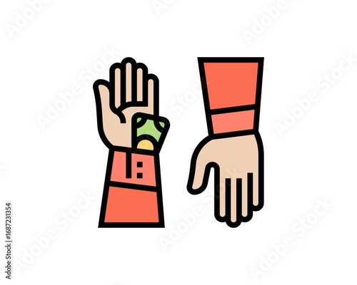 Conceptual illustration of corruption and bribery, depicting a hand with money hidden in the sleeve for an illegal transaction
