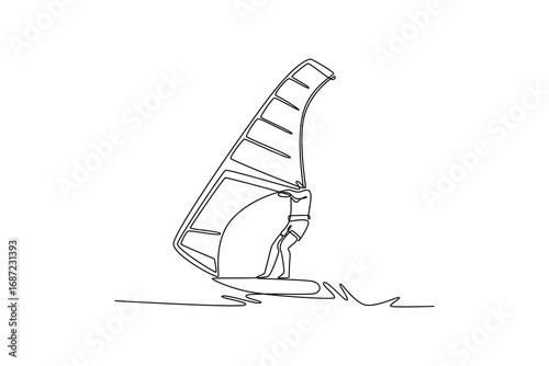 Single continuous line drawing energic male athlete windsurfing on small wave. Athletic skill, freedom, and the energetic power of the wind and ocean. One line draw graphic design vector illustration