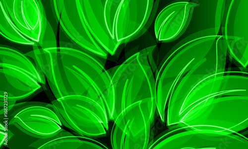 Abstract glowing green leaves background. overlapping leaf shapes with neon-style outlines and smooth curves. natural background.