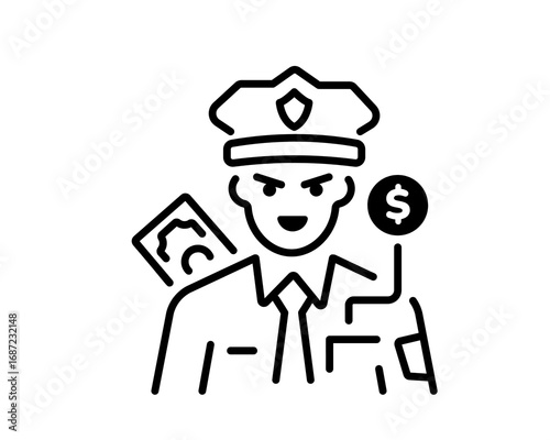 Vector line icon of a corrupt police officer demanding a bribe, representing financial crime, extortion, and official misconduct