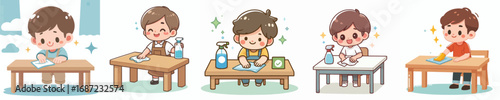vector of a little boy wiping a dirty table