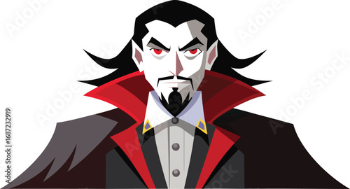 Cartoon Dracula with Red Eyes and Black Hair on a White Background