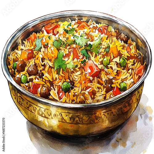 Biryani, watercolor illustration vector, isolated on a white background.