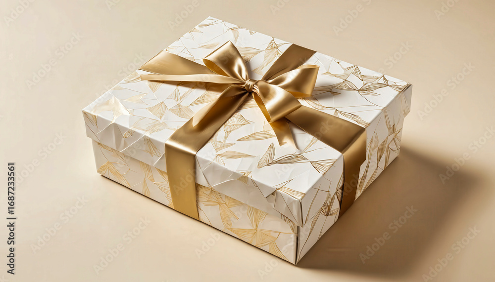 Fototapeta premium Elegant Gift Box with Gold Ribbon and Geometric Leaf Pattern