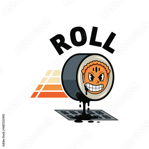 Funny cartoon sushi roll character with a mischievous expression.
