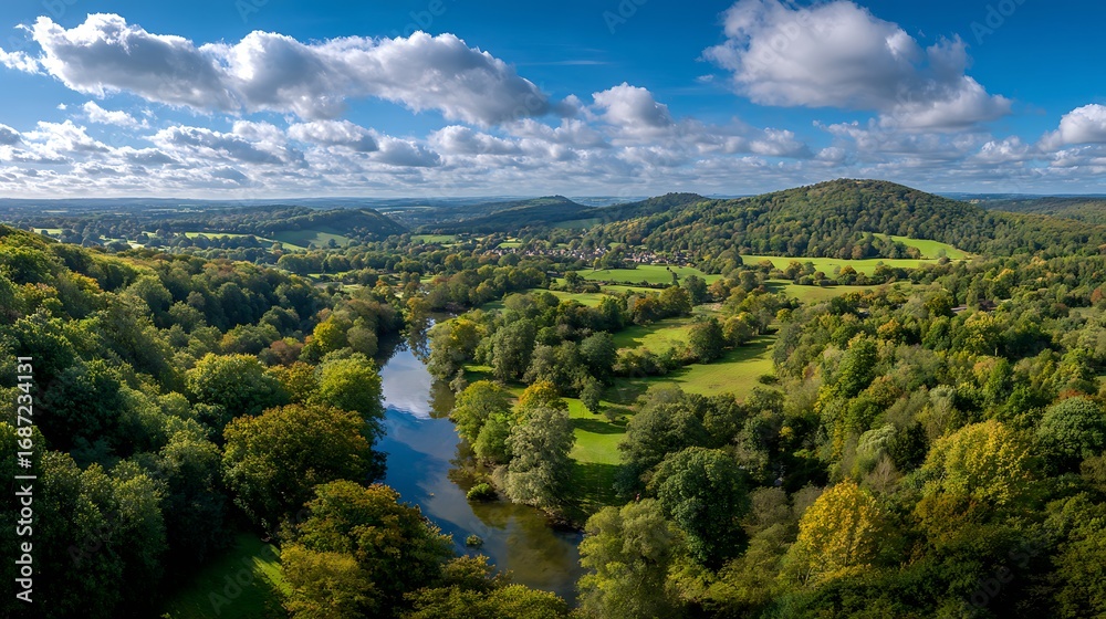 Obraz premium Aerial View of Lush Valley with River and Blue Cloudy Sky