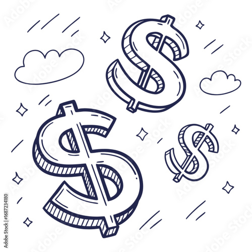Three hand-drawn dollar signs in doodle style with 3D shadow effect varying sizes financial concept.