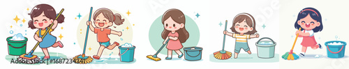 vector of a little girl mopping